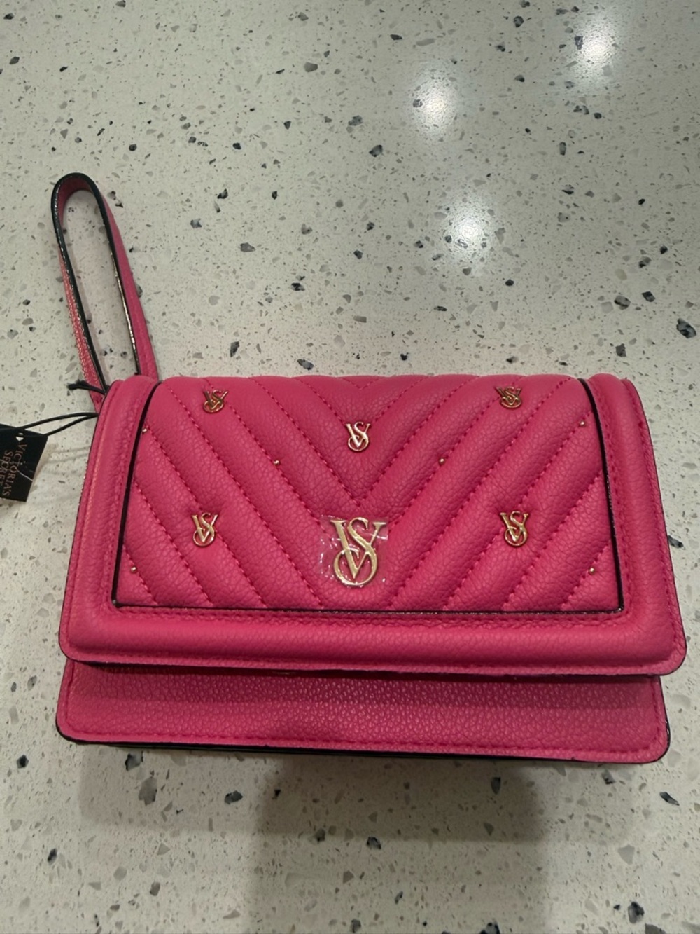 Victoria's Secret Hot Pink Quilted Wristlet Clutch with Gold Logo